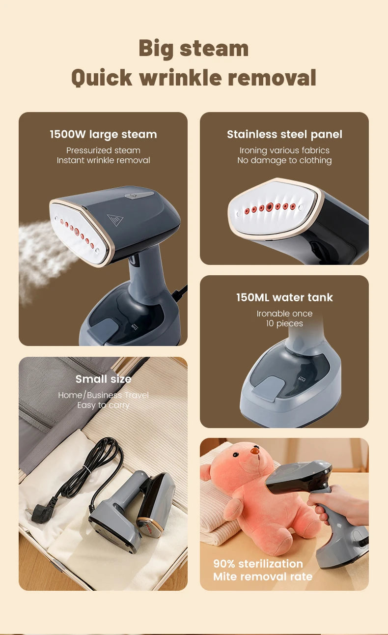 Foldable Ironing Machine 1500W Fast-Heat Garment Steamer Household Electric Fabric Steamer for Home Travel Handheld Steam Iron